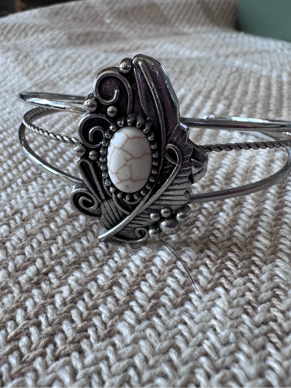 Silver Cuff Bracelet with White Stone Center